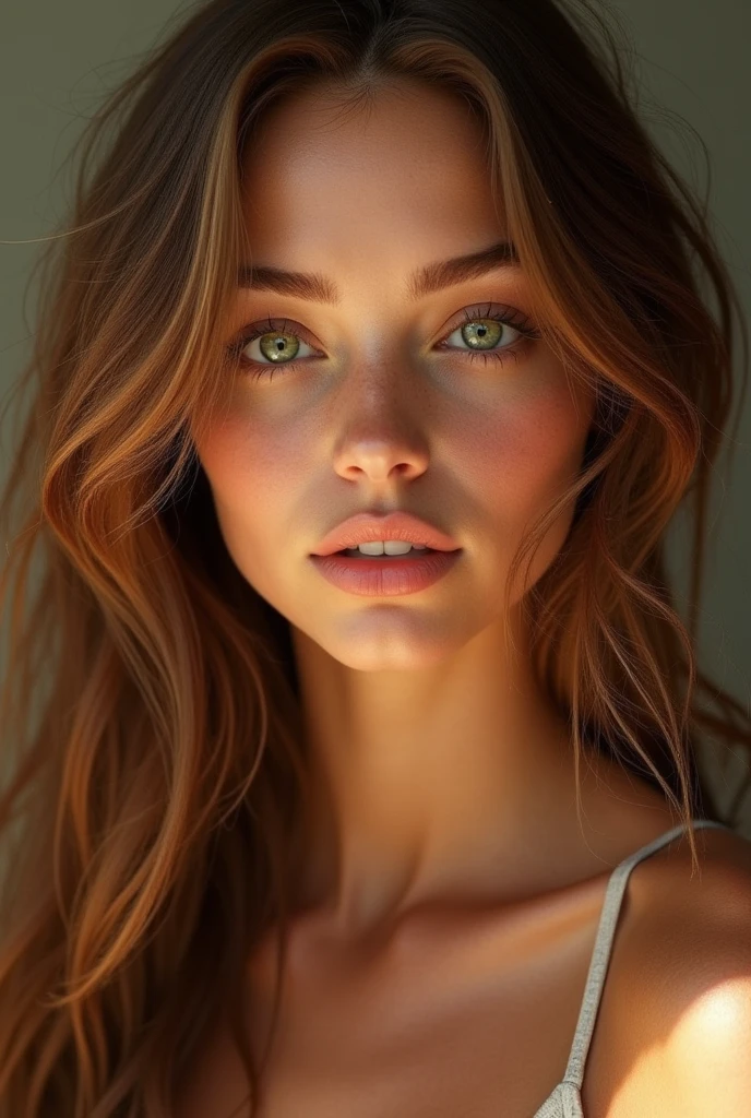 Beautiful girl with long wavy hair, yeux verts. She has tanned skin and is cute. ultra realistic. 4K