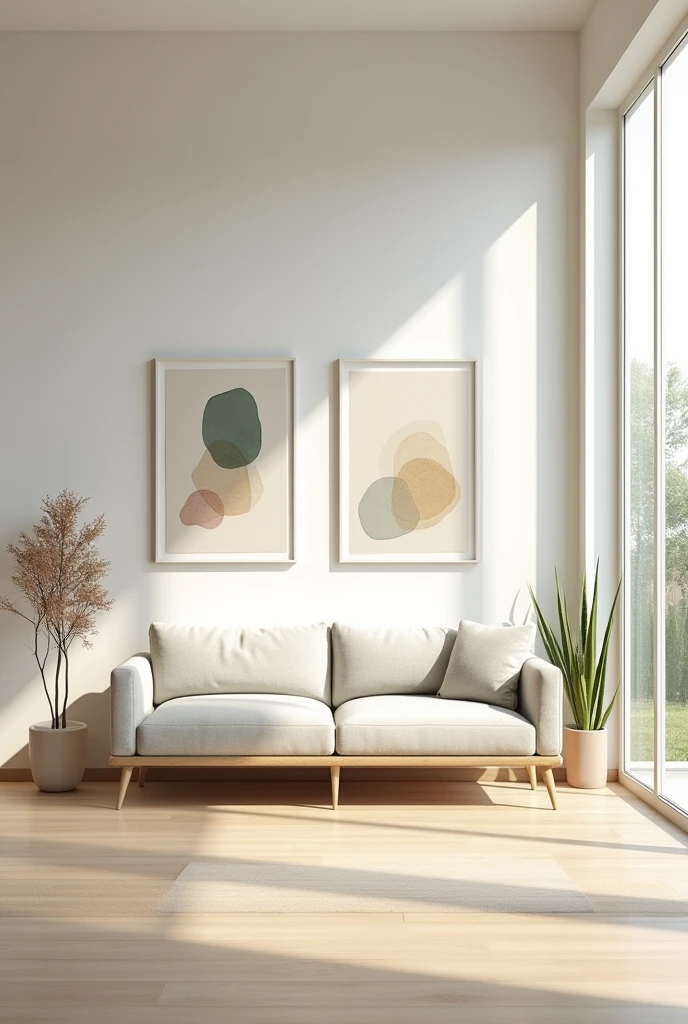 Generate a wide-angle view of a simple living room furnished with only one sofa and wall paintings.