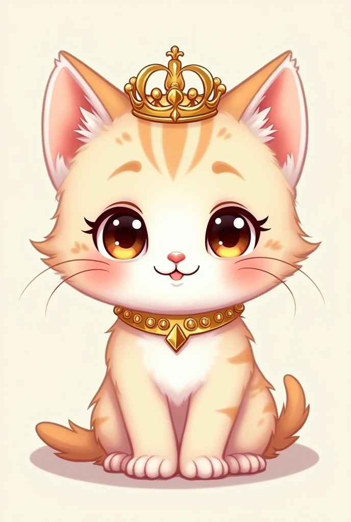 Create a cute, kawaii-style illustration of a kitten wearing a gold-studded collar and a crown of metal flowers. The kitten should have big eyes, rosy cheeks, and a sweet expression. The image should have no background. 