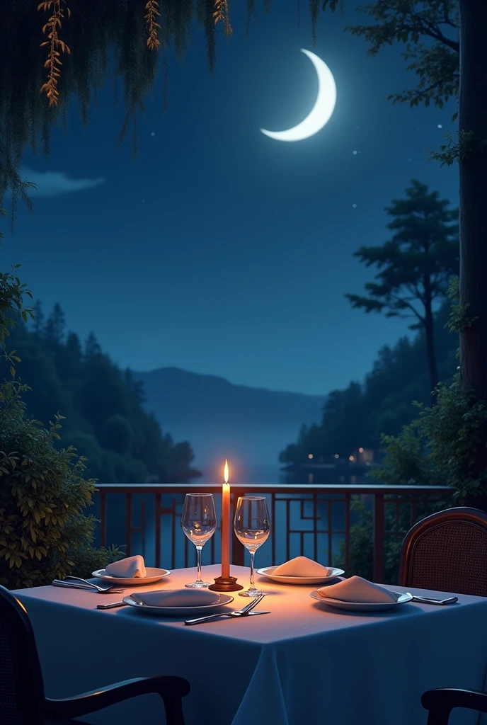 Moonlit night with a dinner table, glasses and candles