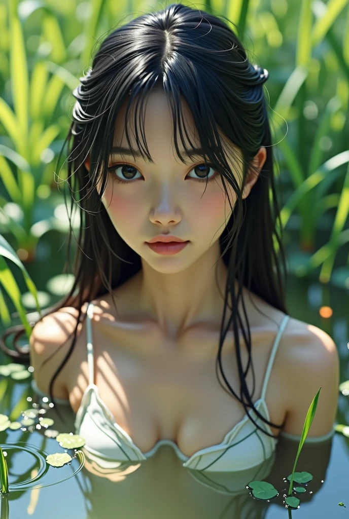 a beautiful girl, teenager, angelic face, japanese, close up shot, sleeveless leotard, pond, grassland