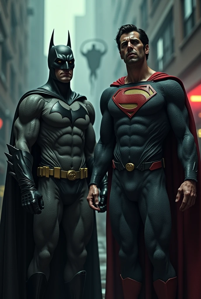 Create an image with Batman and Superman sick from a big lethal virus that makes them both look sick