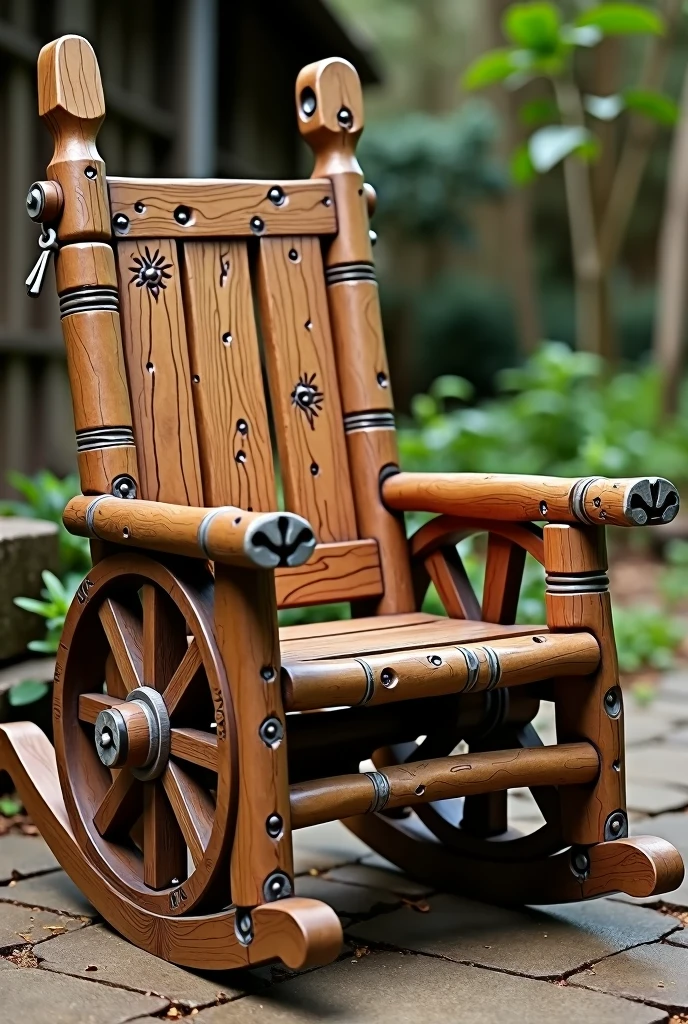 Rocking chair, of wood, rustic style. With wheelbarrow wheels on its armrests, Designed for a Lord of the Rings hobbit.