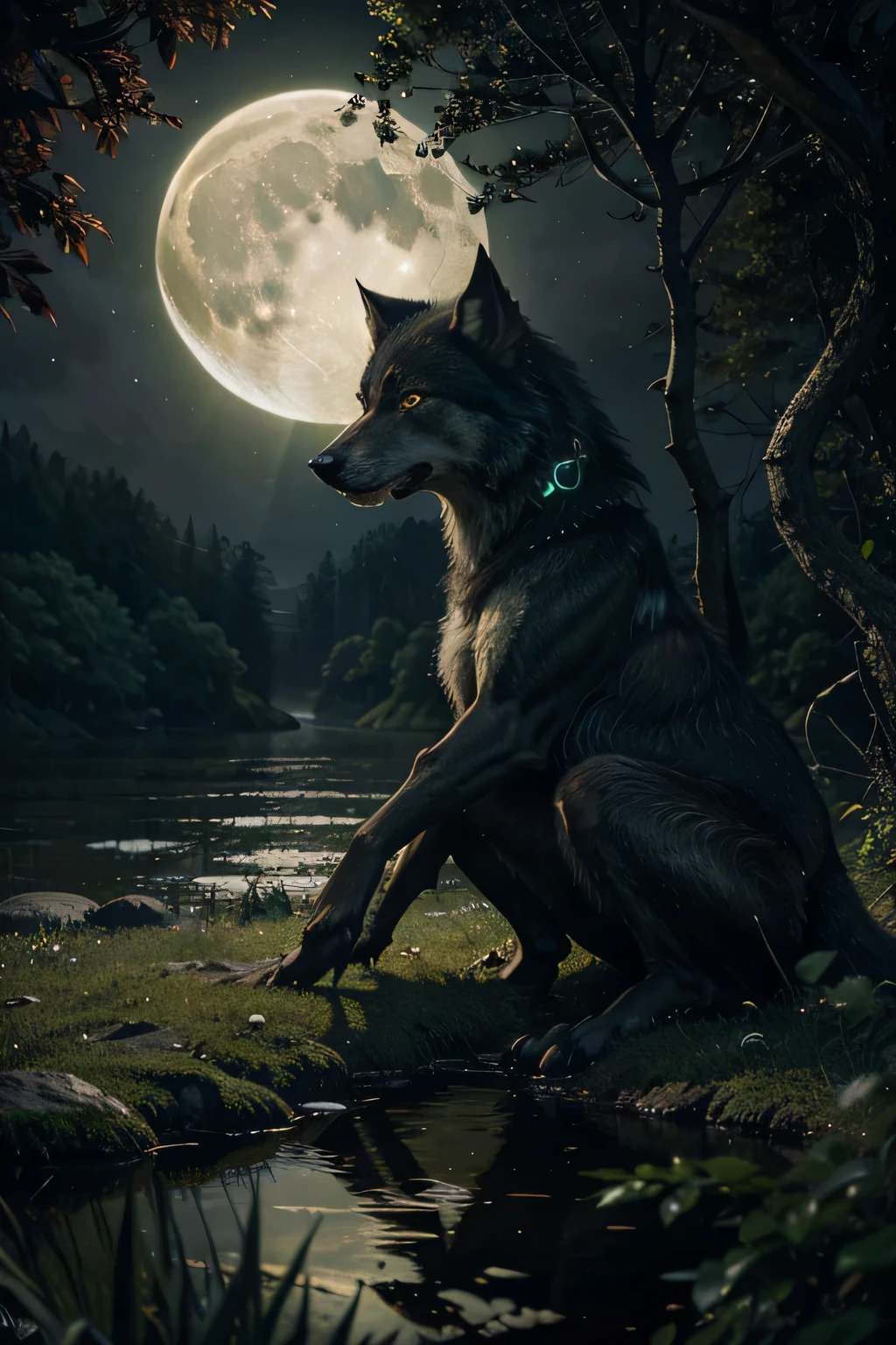 art by aaron horkey, , , ultra very detailed, 32K, Sharp Focus, luminism, Detailed oil painting, moon, detailed sky, dark wolf with big, very detailed, Anato Finnstark . detailed landscape, Aesthetics of northern fairy tales, dynamic movement, big reflective eyes, the forest,luminous, swirling leaves, Emerald Mist, mystical, complex background, dynamic lighting, lights, confused pose, very detailed filigree, confused, baroque, Hudson River School, Thomas Cole, masterpiece