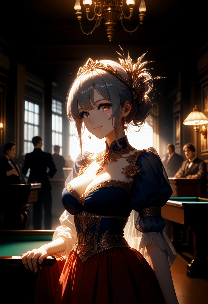 anime girl, sexy, beautiful, light makeup, Larger Than Average Breasts, Dressed in a Beautiful Sarafan, decorations, sparkles, smiling, Hairstyle Voluminous, Very sexy figure, Stands in the Billiard Club, Around People, They look at her, light of lamps, dynamic shadows, bright colors, Clear drawing of details, A game of shadows, masterpiece, sparkles и Блеск присутствует на красивых Туфлях и платье,score_9,score_8_up,score_7_up,dramatic lighting,highly detailed,high budget,bokeh,cinemascope,moody,epic,gorgeous,film grain,grainy,masterpiece,best quality,perfect anatomy,very aesthetic,official art,8k,