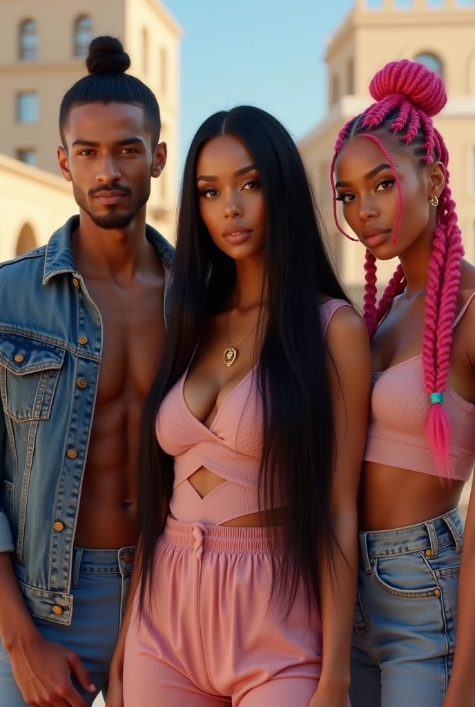 INSTAGRAM MODEL , with long black hair , with her friends , A very handsome and fair Arab guy , long black hair manbun, muscular with abs , Threaded long thick pink braids, full body view