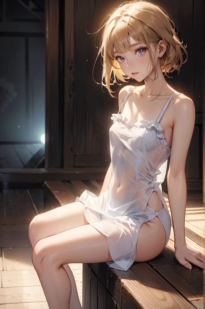 Naked and wearing only a white camisole、Camisole with shoulder straps、No underwear on、((Small Bust))、Raw butt、Bare legs、Sitting、((White panties))