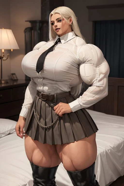 ((((Massive tall, beautiful, buff, light brown skinned muscular woman with white hair, black lipstick, ginormous bulky muscles and wearing a white long sleeve pleated shirt with beautiful long pleated skirt)))), (close view), (massive muscles), long straight hair, ((chained belt)), blue eyes, choker, ((white long sleeve pleated shirt and tie)), neck tie, ((beautiful long pleated skirt)), belt, thigh high socks, black boots, (in bed), closed smile, night, massive muscles