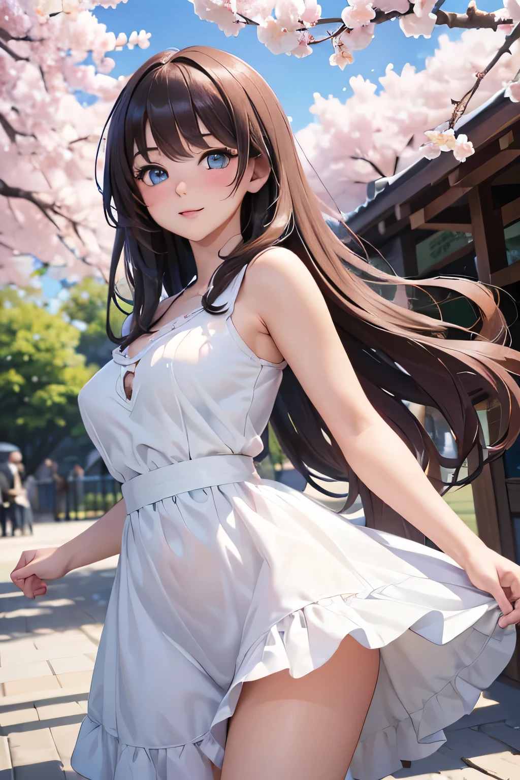 ((masterpiece, top quality, a high resolution, Hyper HD, Pixel Perfect, Depth of written border, 4K, RTTH 10.0, a high resolution))), one girl, lonely, One, Beautiful anime girls, Beautiful art style, Anime Action Figures, ((long hair, bang, Brown hair, curly hair:0.8)), ((Shining eyes、light blue eyes:1.4, Round eyes, beautiful eyelashes, realistic eyes)), ((detailed face, blushing:1.2)), ((Smooth texture:0.75, realistic texture:0.65, realistic:1.1, Anime CG Style)), （big breasts:1.4), Dynamic angle, perfect body, ((viewing angle, dynamic pose, Portrait painting)), ((White dress))、beautiful hips)), (whole body:1.4)、smile, open your mouth, amusement park, ((Cherry tree, Cherry blossoms falling)), natural light, Bright Sky, Sun Ray、whole body