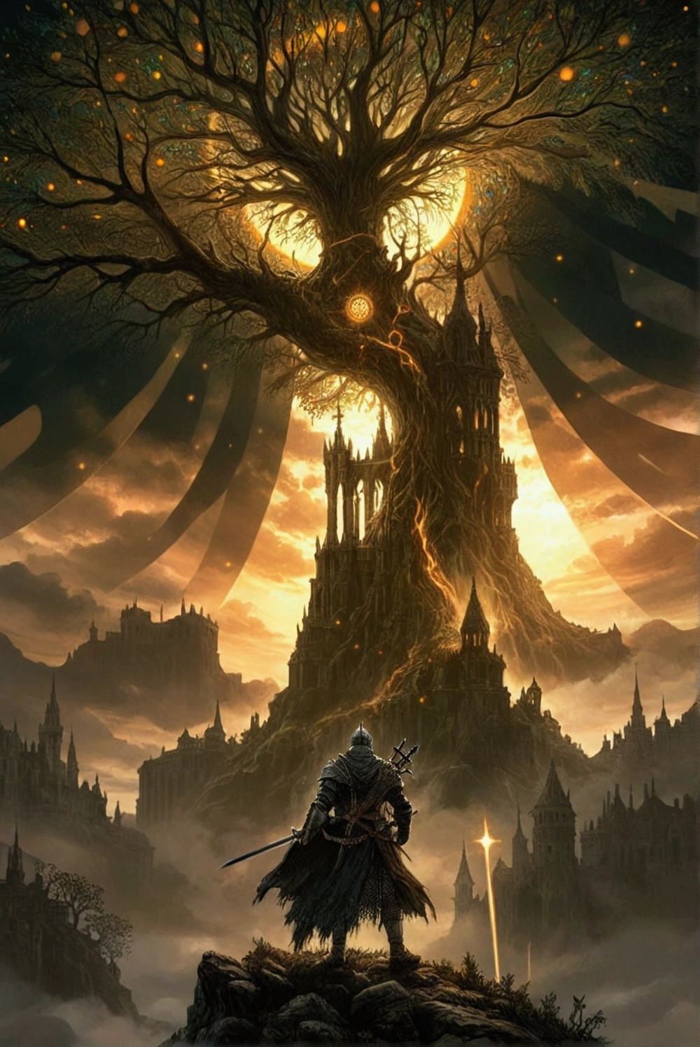 a painting of a man standing on top of a hill next to a World Tree, dark souls art, elden ring art, amazing d & d dark sun art, dark souls art style, dark souls concept art, darksouls concept art, elden ring concept art, elden ring official, elden ring boss, anor londo, epic fantasy artwork