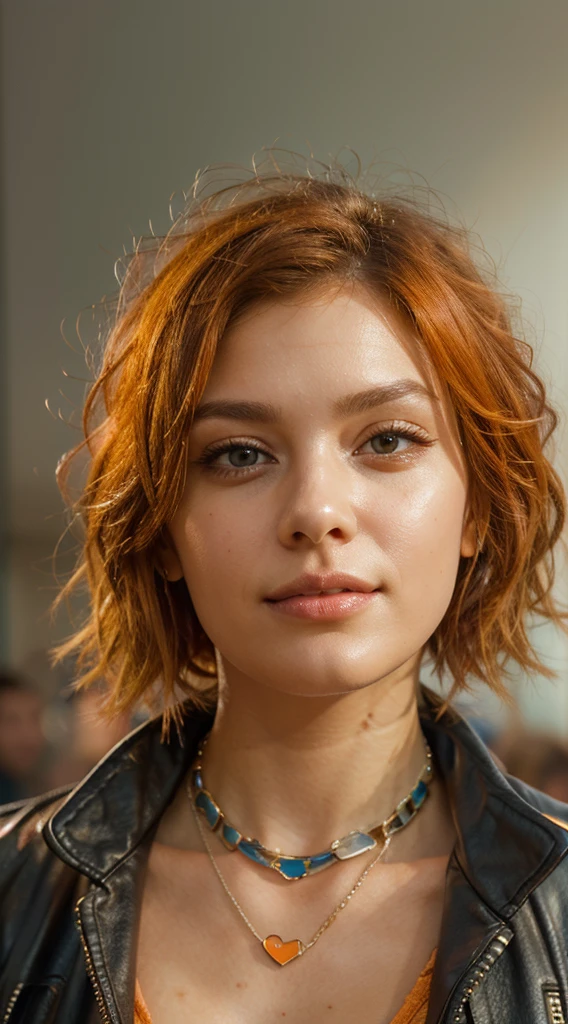 Beautiful, sexy woman with light brown eyes, short bright orange hair, 2, slim waist, very detailed, innocent face, face length 1.2 times face width, almond-shaped eyes, square face shape, high cheekbones , short wavy bright orange hair, brown eyes, high resolution, artwork, best quality, intricate details, very detailed, sharp focus, clear detailed skin, realistic skin texture, texture, detailed eyes, professional, 4k, charming smile , shot with Canon, depth of field , Kodak Vision Colors, Perfectly adjusted body, extremely detailed, photo_\(ultra\) , photorealistic, realistic, post-processing, Maximum detail, roughness, Real life, ultrarealistic, photorealism, photography, 8K Ultra HD, A photography,
with her short hair tied in a messy bun and wearing a white t-shirt, black leather jacket and leather pants, bracelet on her arm and a small necklace around her neck, a 90s rock style
in a 90s rock concert setting
