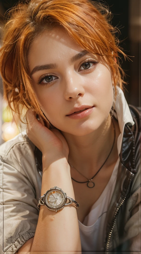 Beautiful, sexy woman with light brown eyes, short bright orange hair, 2, slim waist, very detailed, innocent face, face length 1.2 times face width, almond-shaped eyes, square face shape, high cheekbones , short wavy bright orange hair, brown eyes, high resolution, artwork, best quality, intricate details, very detailed, sharp focus, clear detailed skin, realistic skin texture, texture, detailed eyes, professional, 4k, charming smile , shot with Canon, depth of field , Kodak Vision Colors, Perfectly adjusted body, extremely detailed, photo_\(ultra\) , photorealistic, realistic, post-processing, Maximum detail, roughness, Real life, ultrarealistic, photorealism, photography, 8K Ultra HD, A photography,

with her short hair tied in a messy bun and wearing a white t-shirt, black leather jacket and leather pants, bracelet on her arm and a small necklace around her neck, a 90s rock style

in a 90s rock concert setting