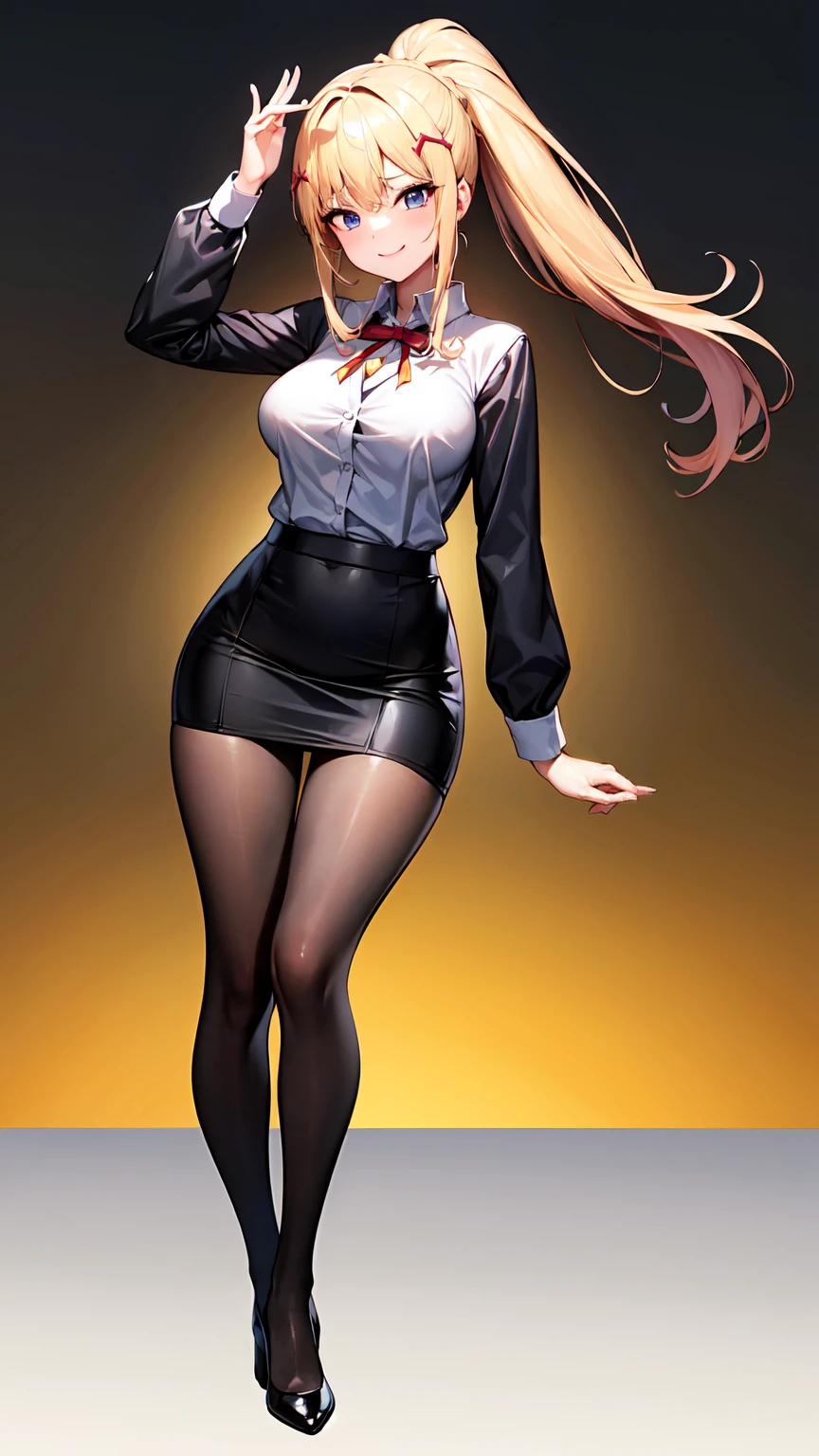 （（super high quality,））（（Ultra-high resolution,））（16K,）（super masterpiece,）（（Ultra HD ,））（Detailed shading,）One sexy woman,Black shirt,Long sleeve,Black tight skirt,Purple Stockings,smile,