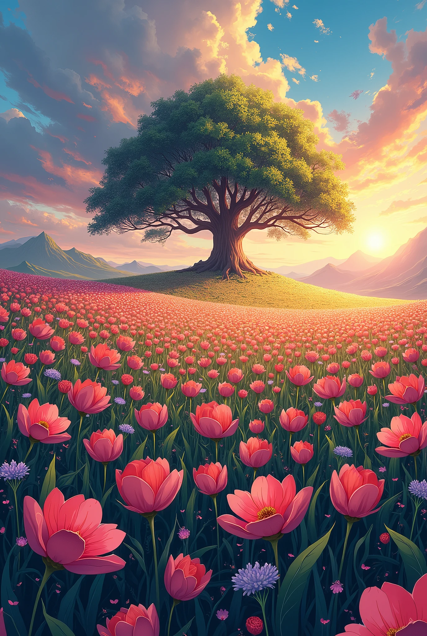 "Create a highly detailed anime-style illustration of a vast, enchanting flower field sprawling across a gently sloping hill. The flowers are enormous, with vibrant petals in a variety of colors, towering over the landscape, creating a surreal, magical atmosphere. At the top of the hill stands a majestic, ancient tree with sprawling branches, bathed in the warm, golden light of a dramatic sunrise. The sky above is filled with colorful, swirling clouds, painted in an impressionist style that blends seamlessly with the scenery. The overall image should evoke the intricate techniques of pointillism, with tiny, precise details in the flowers and tree, yet maintain the dreamy, vibrant aesthetic typical of anime art. The use of light and color should enhance the ethereal, otherworldly feel, making the scene appear as if it’s straight out of a fantasy dream. The composition should reflect the artistic influences of Impressionist painting, with a digital painting style that combines both realism and fantasy, perfect for a showcase on platforms like ArtStation."