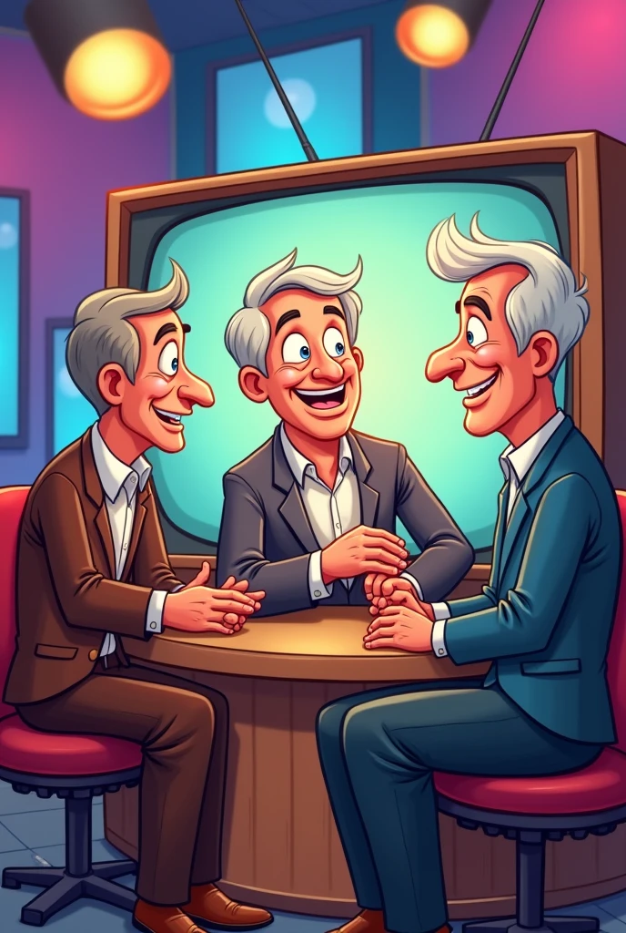 three guys talking on tv in cartoon style