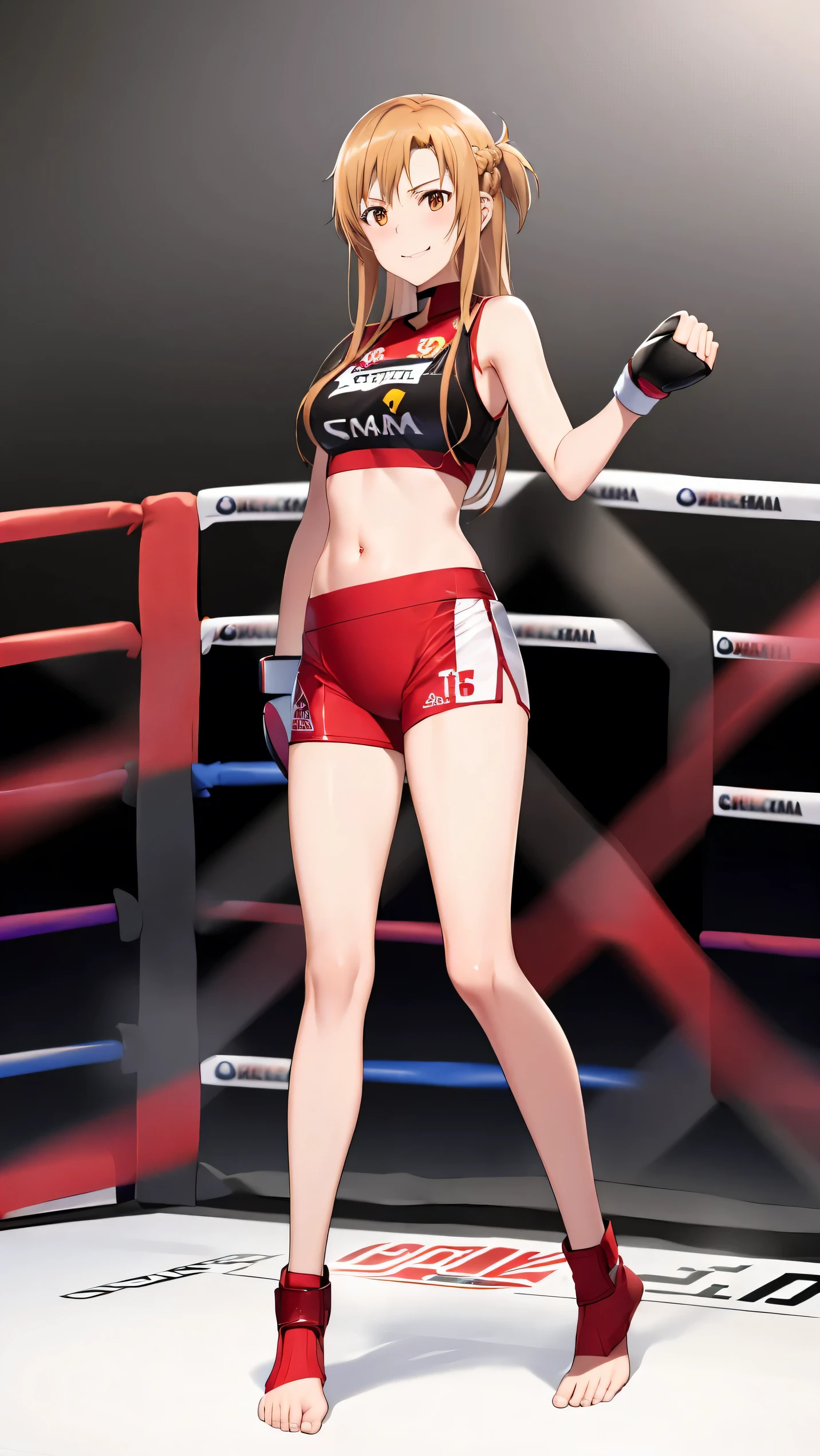 Asuna yuki(Sword Art Online), Dynamic Angle, Long bronze hair,Braiding,Brown eyes,Detailed eyes,Large bust line,(wearing MMA uniform:1.5, thigh, belly button), Roll Forward,Genuine,Her slim legs are really cute.,Very beautiful long legs, Perfect body,Genuine,(Independent),Fighting Pose,(on MMA Arena :1.5),Smirking, From below,Fighting,Ultra HD,Detailed eyes,Detailed face,Full Body,