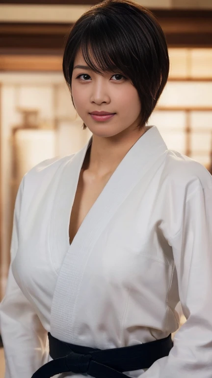 ((highest quality, 8k, masterpiece: 1.3)), sharp focus: 1.2, Beautiful woman with muscular body: 1.4, Arms are drooping, Slim abdomen: 1.2, ((layered haircut, big: 1.2)), wet body: 1.1, Highly detailed face and skin texture, fine eyes, double eyelid, sunburned skin, sunburned, sweaty skin, 1 girl, beautiful and perfect face, bob cut, intricate details, movie-like atmosphere, 8k, very detailed, (realistic, photorealistic: 1.37), Super detailed, highest quality, realistic, very delicate and beautiful, Raw photo, (((professional lighting)), face lighting, Depth of bounds written, single focus, (judo)), (wearing a judogi)), ((wearing a judogi)), (very detailed judo belt)), ((Black belt)), (((super big breasts))) 、Wear the official judo uniform), ((long sleeve)), ((wearing a t-shirt)), (muscular and healthy), small head, (((beautiful eyes)), real face, realistic face, real face, fine eyes, (fashionable hairstyle: 1.3), viewer, (cool japan women)), intellectual, sports, (smile: 1.15), (closed mouth), fine and beautiful eyes, (dojo: 1.3), judo player, healthy body, (short hair: 1.2), short hair, black skin、((cleavage))、((Protruding))