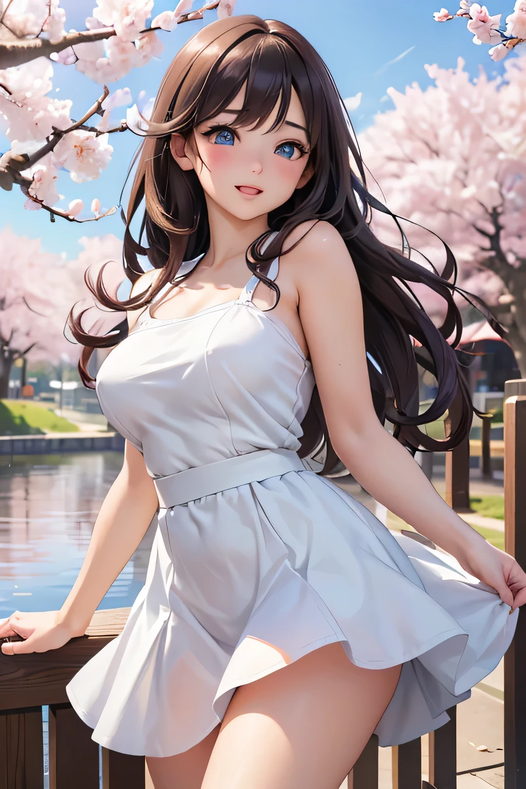 ((masterpiece, top quality, a high resolution, Hyper HD, Pixel Perfect, Depth of written border, 4K, RTTH 10.0, a high resolution))), one girl, lonely, One, Beautiful anime girls, Beautiful art style, Anime Action Figures, ((long hair, bang, Brown hair, curly hair:0.8)), ((Shining eyes、light blue eyes:1.4, Round eyes, beautiful eyelashes, realistic eyes)), ((detailed face, blushing:1.2)), ((Smooth texture:0.75, realistic texture:0.65, realistic:1.1, Anime CG Style)), (big breasts:1.4), Dynamic angle, perfect body, ((viewing angle, dynamic pose, Portrait painting)), ((White dress))、beautiful hips)), (whole body:1.4)、smile, open your mouth, amusement park, ((Cherry tree, Cherry blossoms falling)), natural light, Bright Sky, Sun Ray、whole body