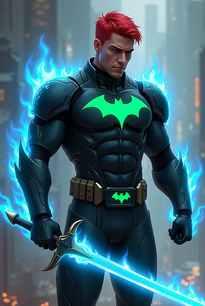 a male super hero that have flame power with red hair black armor green chest armor
short hair his shoulder plate sharp no cape white glove armor look like a ninja style
show his under part too chest has a logo of bat
then he had a sword that blue flame