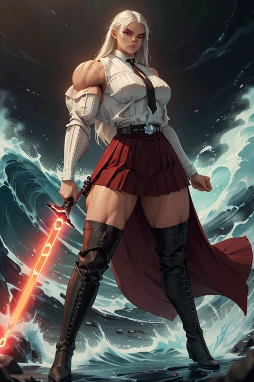 ((Massive tall, beautiful, buff, light brown skinned muscular female Sith Lord with white hair, black lipstick, ginormous bulky muscles, carrying a red lightsaber and wearing a white long sleeve pleated shirt with beautiful long pleated skirt)), ((close view)), (massive muscles), long straight hair, (((glowing red eyes))), red eyes, choker, ((white pleated shirt and tie)), neck tie, ((beautiful long pleated skirt)), belt, thigh high socks, black boots, (in front of a dark tidal wave), closed smile, night, hyper muscle