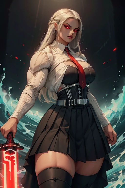 ((Massive tall, beautiful, buff, light brown skinned muscular female Sith Lord with white hair, black lipstick, ginormous bulky muscles, carrying a red lightsaber and wearing a white long sleeve pleated shirt with beautiful long pleated skirt)), ((close view)), (massive muscles), long straight hair, (((glowing red eyes))), red eyes, choker, ((white pleated shirt and tie)), neck tie, ((beautiful long pleated skirt)), belt, thigh high socks, black boots, (in front of a dark tidal wave), closed smile, night, hyper muscle