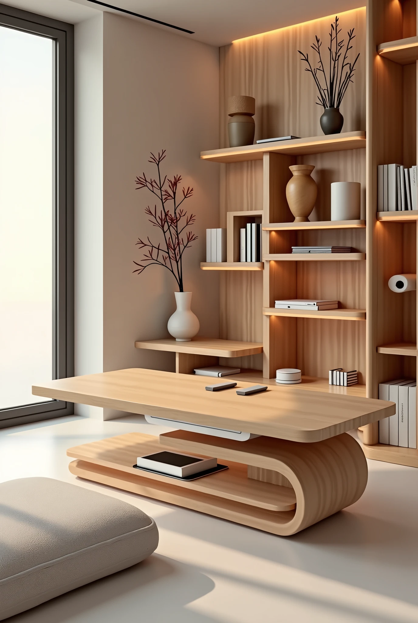 Design a series of futuristic wooden products used in everyday life