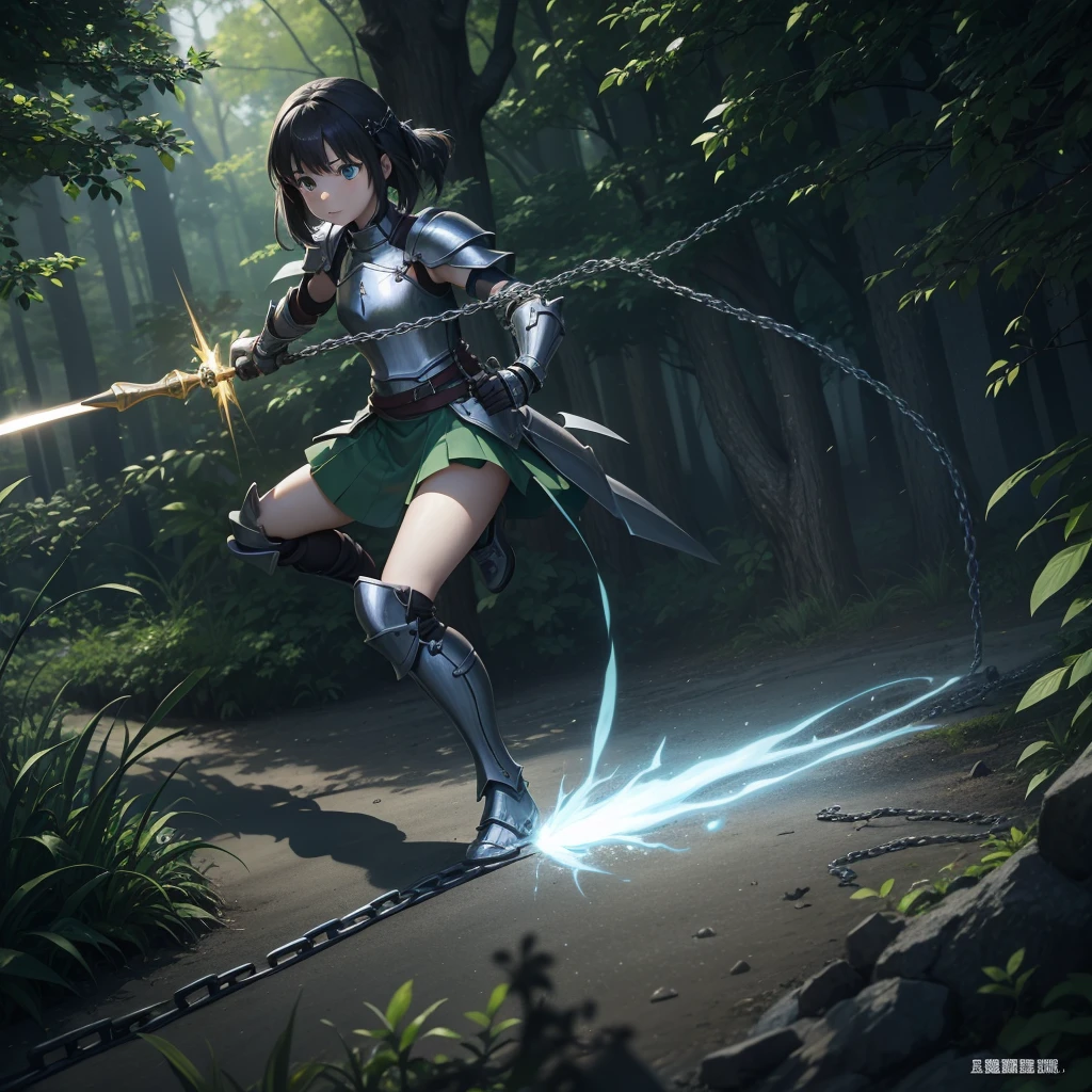 最high quality、high quality、Simple Cloth Armor、10Year-old girl adventurer、Equipped with a weapon that has a short chain at the end of a stick and a spiked iron ball at the end of the chain、In a dark maze、Green armor