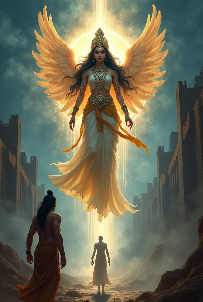 The goddess (Maya) floating above the ground, pointing at Kansa with a determined expression, as she proclaims the arrival of Krishna in Vrindavan. Kansa looks terrified, with the prison in the background and an aura of divine power around the goddess."