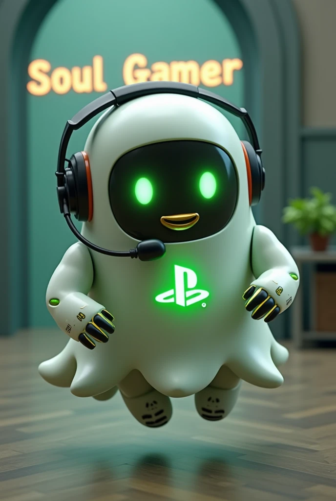 Create a medium-sized robot pet with a ghost-like appearance. Resembling a drop. On his hands he has five well-defined fingers. His facial expression has large, green eyes with a glow, conveying a friendly and cheerful expression. He has a small open mouth with a happy smile and flushed cheeks.. Its body is white with small green details and a smooth, slightly shiny texture.. He has a headset on his head with an adjustable microphone positioned close to his mouth.. And on his chest you can see the illuminated shape of a Playstation 5 controller in fluorescent green.. It floats in the air, as if he were ready for an adventure. Behind the character you can see a portal where it is written "Soul Gamer"