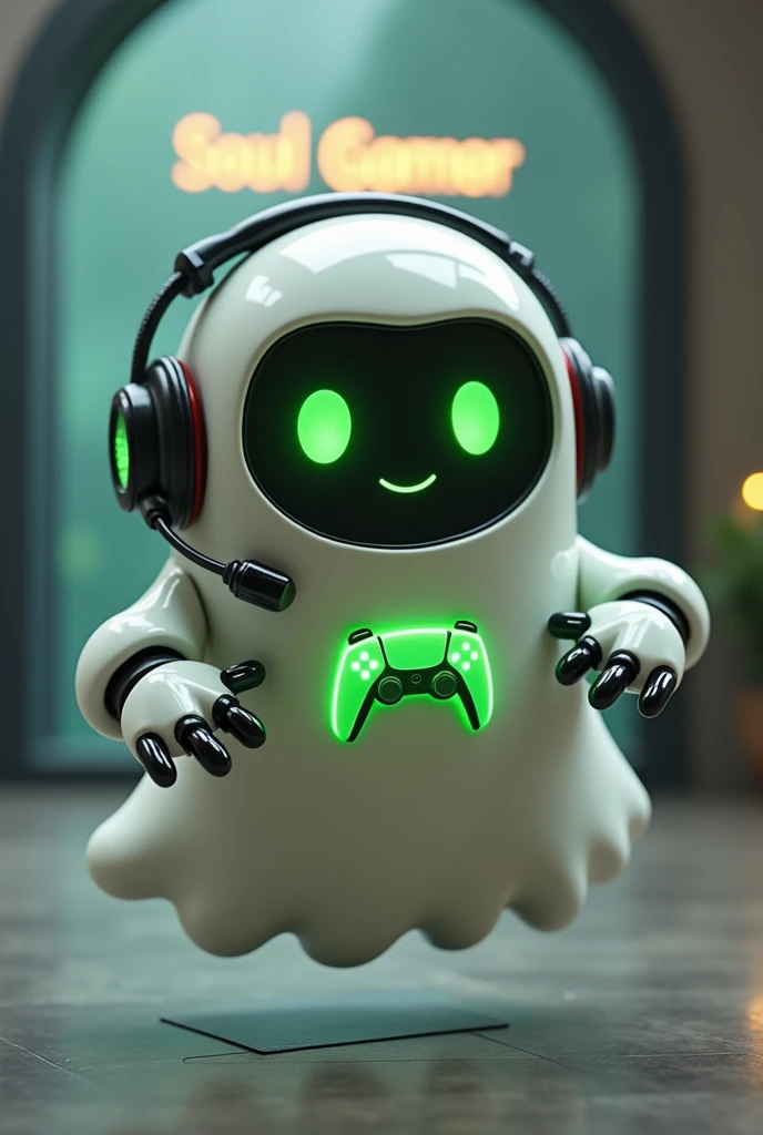 Create a medium-sized robot pet with a ghost-like appearance. Resembling a drop. On his hands he has five well-defined fingers. His facial expression has large, green eyes with a glow, conveying a friendly and cheerful expression. He has a small open mouth with a happy smile and flushed cheeks.. Its body is white with small green details and a smooth, slightly shiny texture.. He has a headset on his head with an adjustable microphone positioned close to his mouth.. And on his chest you can see the illuminated shape of a Playstation 5 controller in fluorescent green.. It floats in the air, as if he were ready for an adventure. Behind the character you can see a portal where it is written "Soul Gamer"