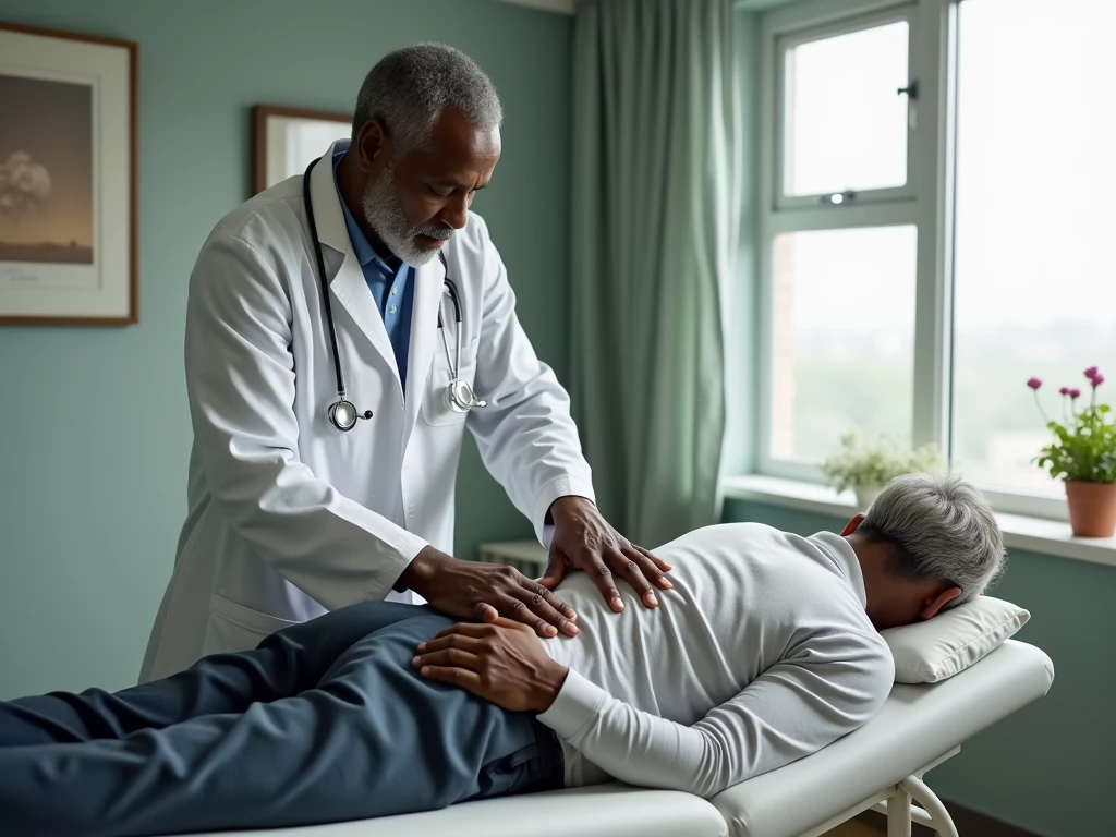 NSFW, Photo brute 8k, Meilleure qualité, chef-d'œuvre, ultra haute résolution, grain de film, film, 1 médecin africain, 1 homme âgé africain , le medinc fait un massa au dos à l'homme âgée qui est allongé sur une table de massage dans une pièce d'hospitalisation, le médecin a un stéthoscope au cou, habillé en blouse de docteur, l'homme âgée habillé normalement