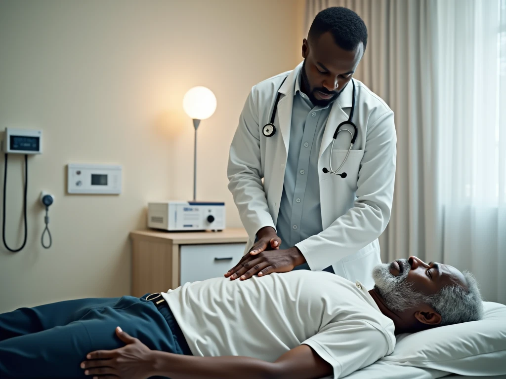 NSFW, Photo brute 8k, Meilleure qualité, chef-d'œuvre, ultra haute résolution, grain de film, film, 1 médecin africain, 1 homme âgé africain , le medinc fait un massa au dos à l'homme âgée qui est allongé sur une table de massage dans une pièce d'hospitalisation, le médecin a un stéthoscope au cou, habillé en blouse de docteur, l'homme âgée habillé normalement