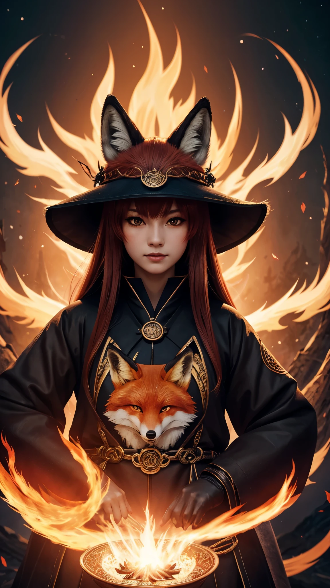 1 girl,One,, official art, unity 8k wallpaper, Ultra detailed, Beautiful and aesthetic, Beautiful, masterpiece, Best quality,, Kitsune witch, Fox Mask, haori jacket, Fox Fire Spell, Familiar Fox, transformation,