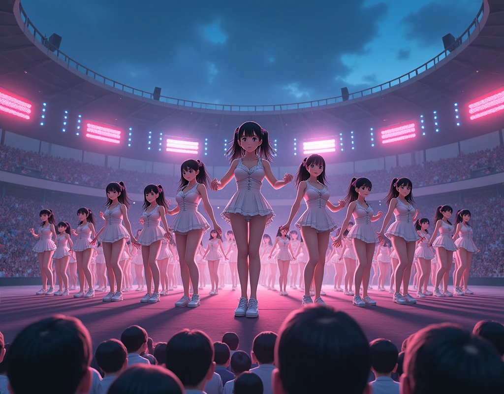 (((((Japanese Clone-girls=Myself))))), (((Super Best masterpiece Clone-girls Raw Photography Art))), (((16K, Highest quality, Ultra-high resolution, RAW Photos))), (((It&#39;s so unrealistic., With unparalleled depiction, With an unfathomable sight, An unprecedented and shocking worldview, Clone-girls: In a world of mass reproduction, Ultra-realistic))), (((Japanese Girls, kashiwagi-yuki, 22yo, Small face, Thick black hair, Ponytail Hair, Dark Eyes, Mature face, Cute Smile, Smiling face, A gentle gaze, (((Very pleasant look)))))), (((Very beautiful detailed girls, Accurate body structure, Accurate body movements, Very detailed body, (((Super big breasts, Large bulge of ample breasts)))))), (((Idol group stage costumes, Short skirt, hour々I can see your pants, Cleavage Emphasis, Emphasise the fullness of your breasts))), ((((((((Very detailed, Myself cloning, Depiction of splitting oneself, 1Myself girl→1,000,000,000,000,000,000,000,000,000,000Myself cloning girls)))))))), (((((((Myself clone-girlsから, Myself keeps multiplying, (Very detailed and intricate, To the exact, Flawless, (((In the same female body,With the same face, With the same hairstyle, In the same clothes, At the same height, 同じSuper big breastsである))), In a detailed depiction), 1,000,000,000,000,000,000,000,000,000,000 people))))))), (((((Myself girls only))))), (((((1,000,000,000,000,000,000,000,000,000,000Myself girls))))), (((((Very detailed depiction, Myself&#39;s idol group, At the outdoor stage at night, Singing and dancing performance, ５Column system, Gaze into the audience, Fun and powerful singing, Dance with unified group movements))))), (((Very detailed, The auditorium is packed, The whole audience is Myself&#39;s crowd, Dress code: Casual))), (Seven-color stage lighting, Idol group lighting), (((((The camera focuses on idol groups., Clear and accurate perspective depiction, super wide view, Ultra-wide field of view, Focus on the average value of the image))))), With the best performance, The venue was in a frenzy, Myselves are in high spirits