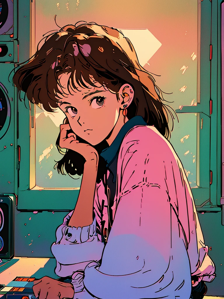masterpiece, best quality, scenery, small room, indoors, interior, bedroom, cute, window, 1girl, sitting, lofi girl, brown hair, fox ear, fox girl, sunlight, pixel art, NEON COLOR, LOFI COLOR, (Add:better details:1.3), (90s anime:1.2), (Retro anime), (Sci-fi:0.5), (VHS grain:1.2), (Noise effect:1)