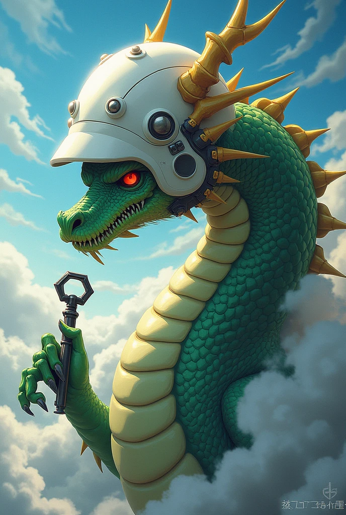 Shenlong from Dragon Ball Z with a white engineer helmet and holding a key 