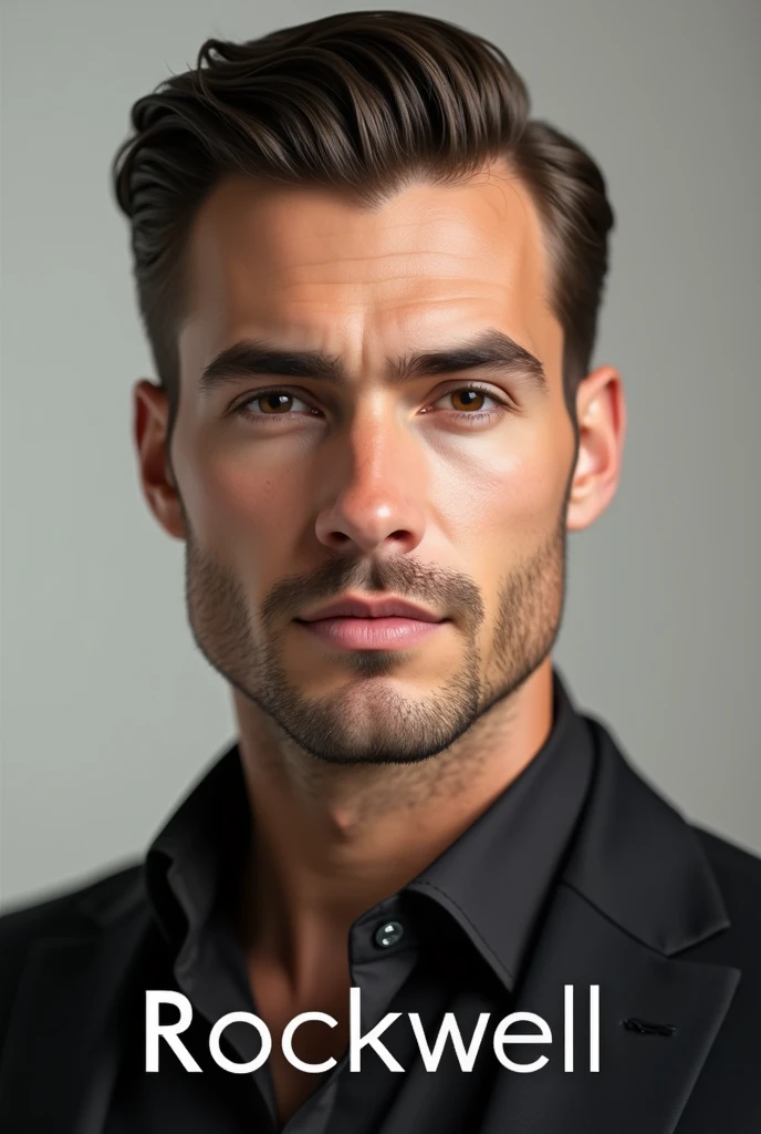 make a european guy with the most perfect facial features and a good facial harmony, psa is all 9, with a text rockwell on the bottom, no beards, no face lines, with hunter eyes and a positive canthal tilt, hollow cheekbones with a slickback hair, eyebrows thick