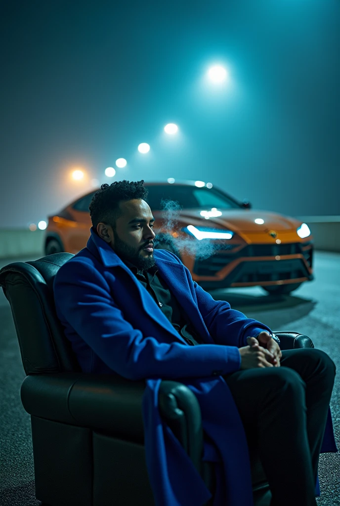A man in blue coat smoking the hookah sitting on a chair near the Lamborghini urus car near the highway in night in fog