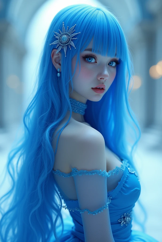 Blue hair woman, blue dress, blue shoes, blue eyes, blue hairpin, 340 cm tall, long hair
