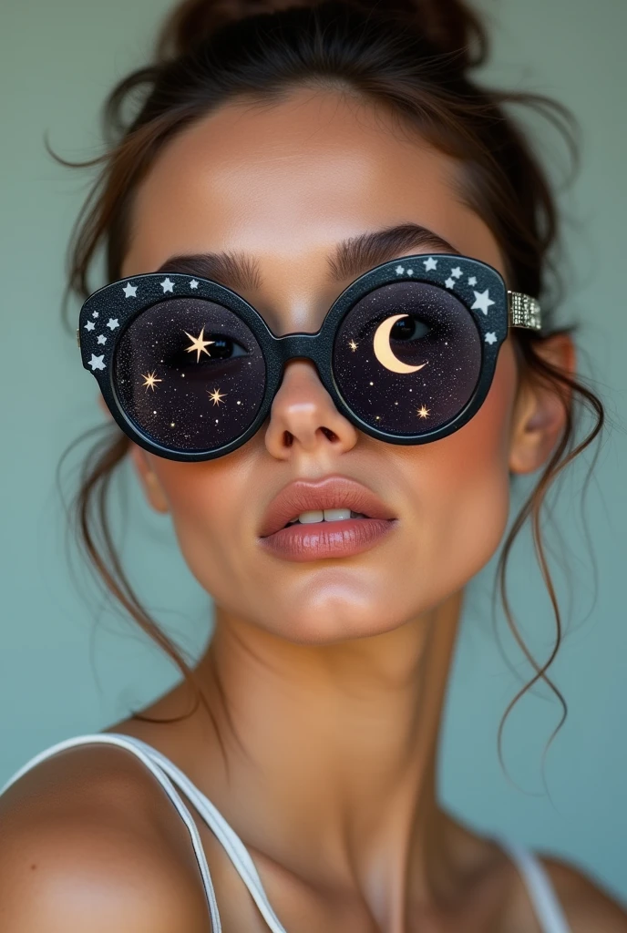 The model is wearing glass sunglasses with stars and the moon on the glass