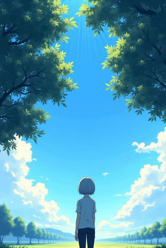 Create an anime illustration in the style of Makoto Shinkai. The scene depicts a spacious area, majestic blue sky, framed by the branches of a large tree, Deciduous tree. Sunlight filters through the leaves, radiating a serene glow. In the center in the foreground there is a woman. She has short grey hair.. She is wearing a white shirt and black pants.