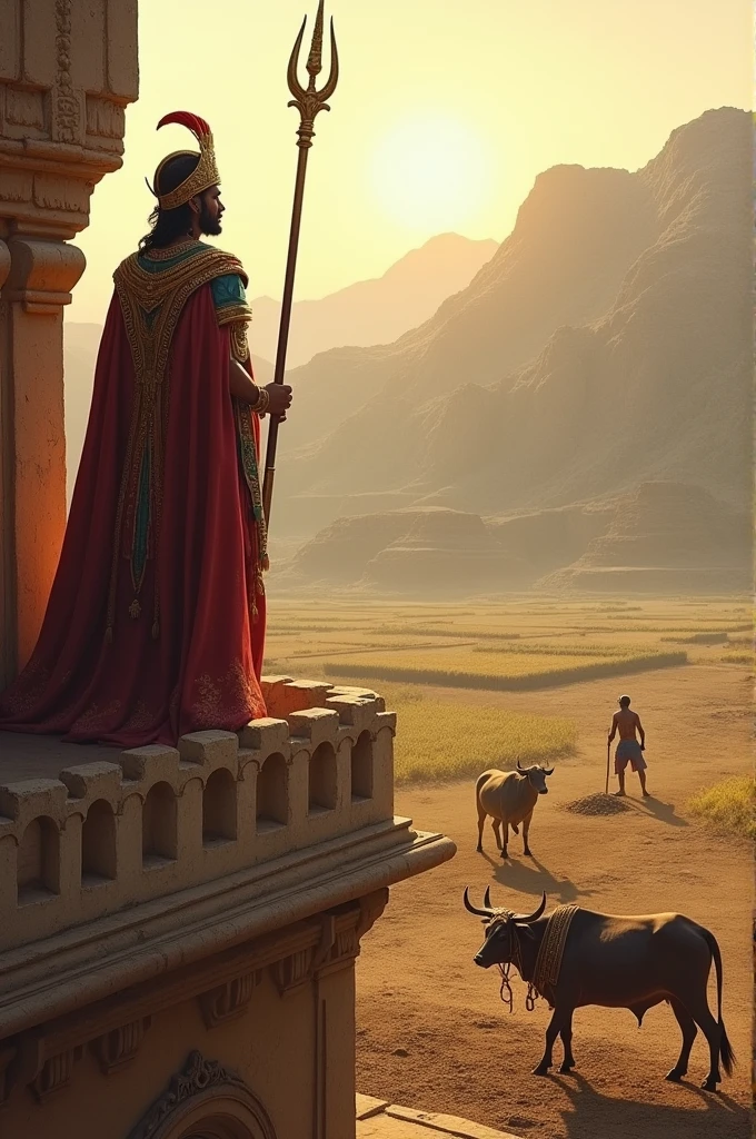 Background : Indus valley landscape..A king holding one trident and stand in the balcony of his fort .the king watch the two people ploughing the agricultural land with kankrej bull in long distant.