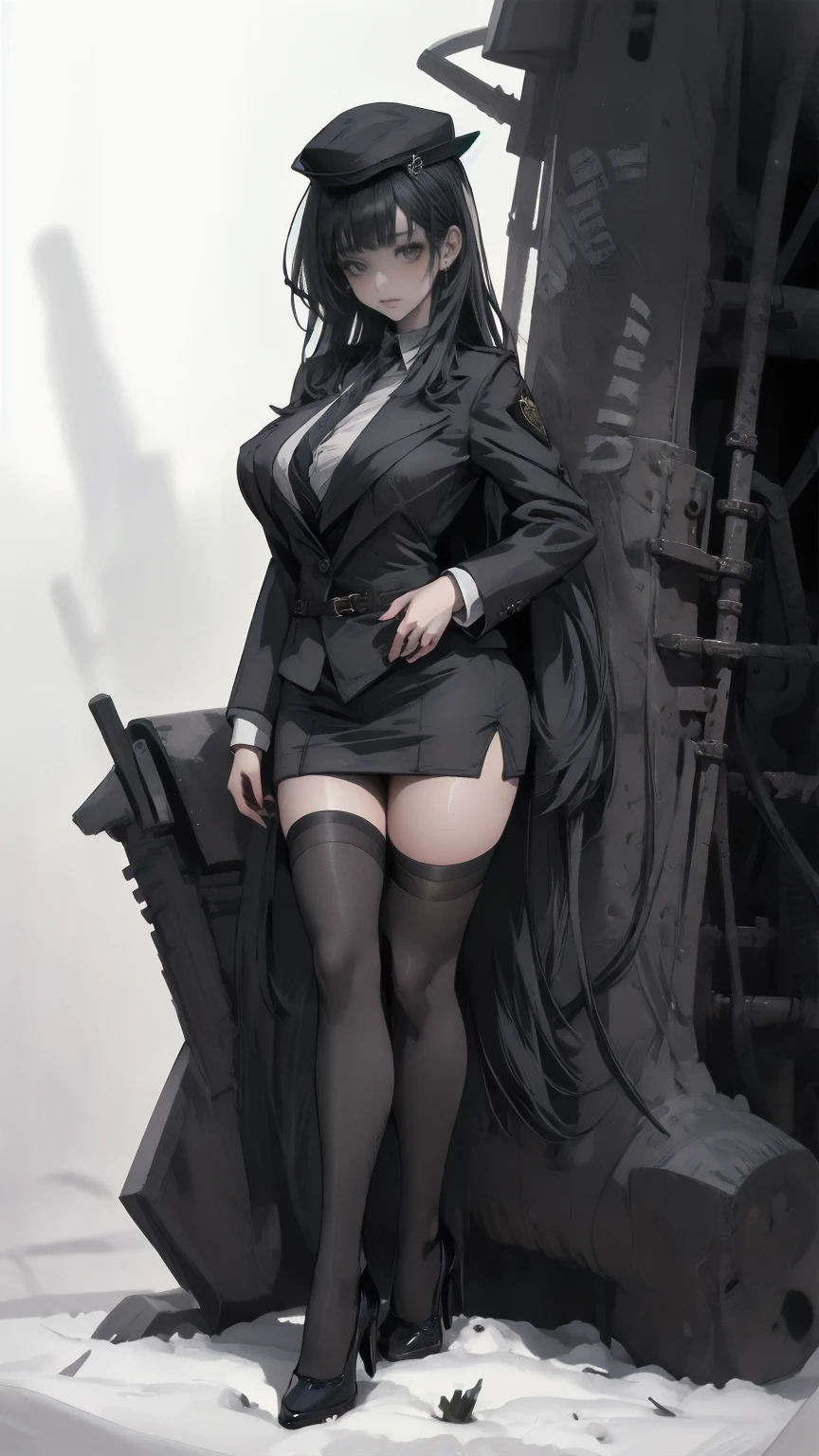 Mature beautiful woman,(Highest quality,Extremely detailed depiction,Incredible high resolution,Anatomically accurate depiction,Curvy Legs,Glowing Skin,Porcelain-like skin,Perfect body),(Sexy Female Soldier,uniform,Pencil Skirt,High heels,black tights,Hats for the winter,latex,Heavy coat,Winter Gear),eyelash,Flashy makeup,eye shadow,Intense glowing purple eyes,Half a point.4,Large Breasts,Glossy pink lips,Shadowed face,Captivating smile,whole body:1.2,(background:Snowfield:1.3),Snow Scene,that&#39;it&#39;s snowing,Side view:1.3
