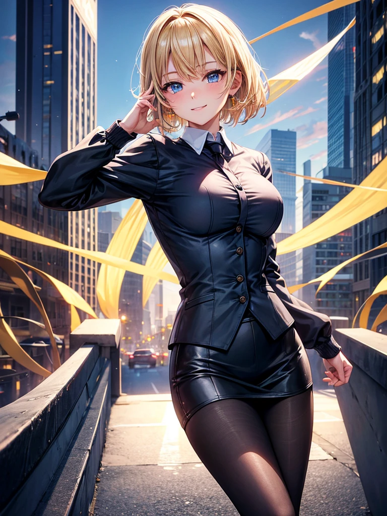 Anime style, super fine illustration, highly detailed, beautiful detailed, perfect detailed, super high quality image, static representation, gentle expression, happy expression, the pretty image, super stylish, 8k, pretty 1girl with blonde straight short hair & blue eyes & a bright smile & full bust & soft fair skin is a career woman supervisor who is not to show her skin wearing big light blue business shirt & black summer tailored jacket & black tight skirt & black pantyhose on the urban business buildings street, in the morning, solo, perfect fingers, no more fingers, no less fingers, perfect arms, no more arms, perfect legs, no more legs, no more hair, masterpiece.