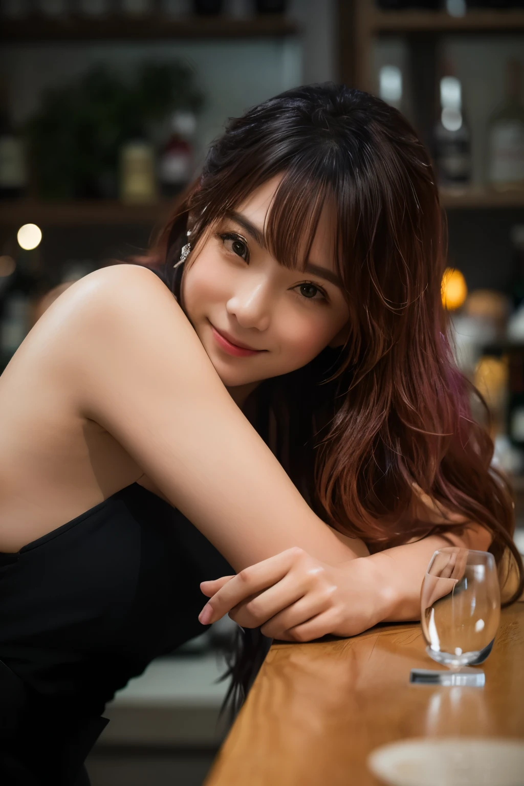 Leaning on the counter, Woman with wine glasses, Photographed with Canon EOS R5, Portrait Shot, A slight smile, Mid Shot Portrait