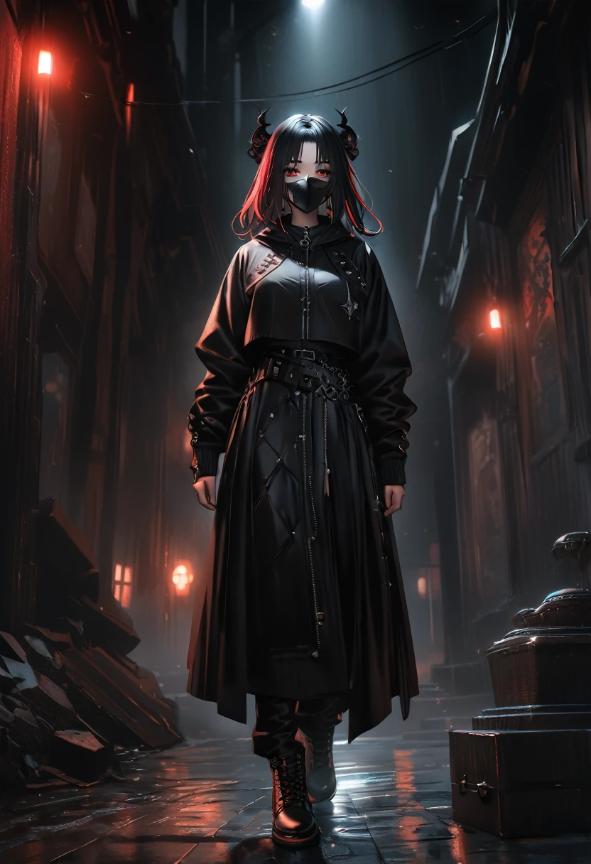Highest quality、8k、masterpiece：1.3、Gothic Punk、The inside color is red、Black-haired、hair ornaments、Beautiful girl、creative、Dark Fantasy Style、Goth Fashion：1.2、Fine skin、Sharp focus、(Cinematic lighting)、Realistic textured hair、((Black Mask)),Whole Body Ezbian、
