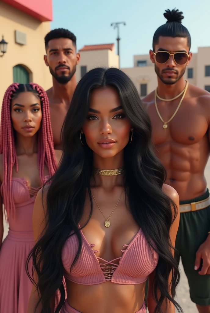 INSTAGRAM MODEL , with long black hair , with her friends , A very handsome and fair Arab guy , long black hair manbun, muscular with abs , Threaded long thick pink braids, full body view