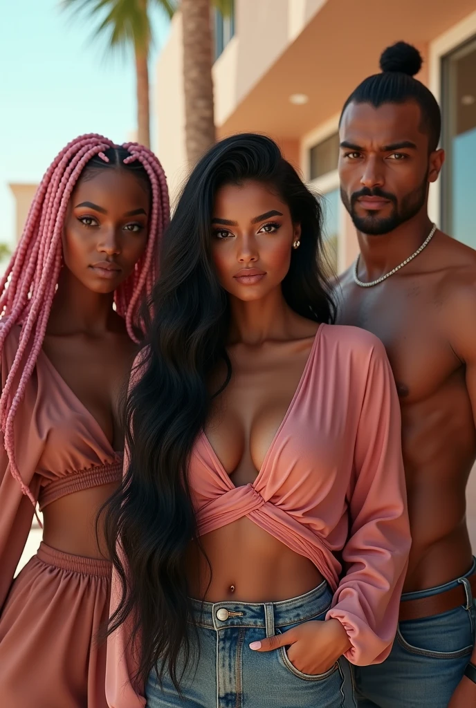 INSTAGRAM MODEL , with long black hair , with her friends , A very handsome and fair Arab guy , long black hair manbun, muscular with abs , Threaded long thick pink braids, full body view