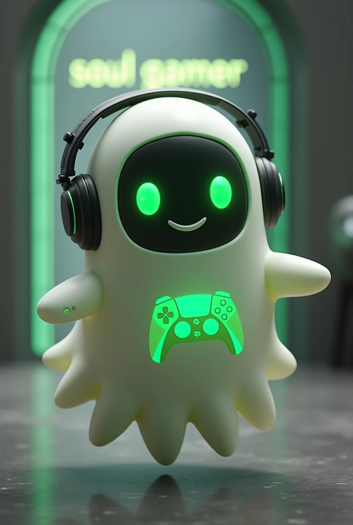 Create a medium-sized robot pet with a ghost-like appearance. Resembling a drop. On his hands he has five well-defined fingers. His facial expression has large, green eyes with a glow, conveying a friendly and cheerful expression. He has a small open mouth with a happy smile and flushed cheeks.. Its body is white with small green details and a smooth, slightly shiny texture.. He has a headset on his head with an adjustable microphone positioned close to his mouth.. And on his chest you can see the illuminated shape of a Playstation 5 controller in fluorescent green.. It floats in the air, as if he were ready for an adventure. Behind the character you can see a portal where it is written "Soul Gamer"