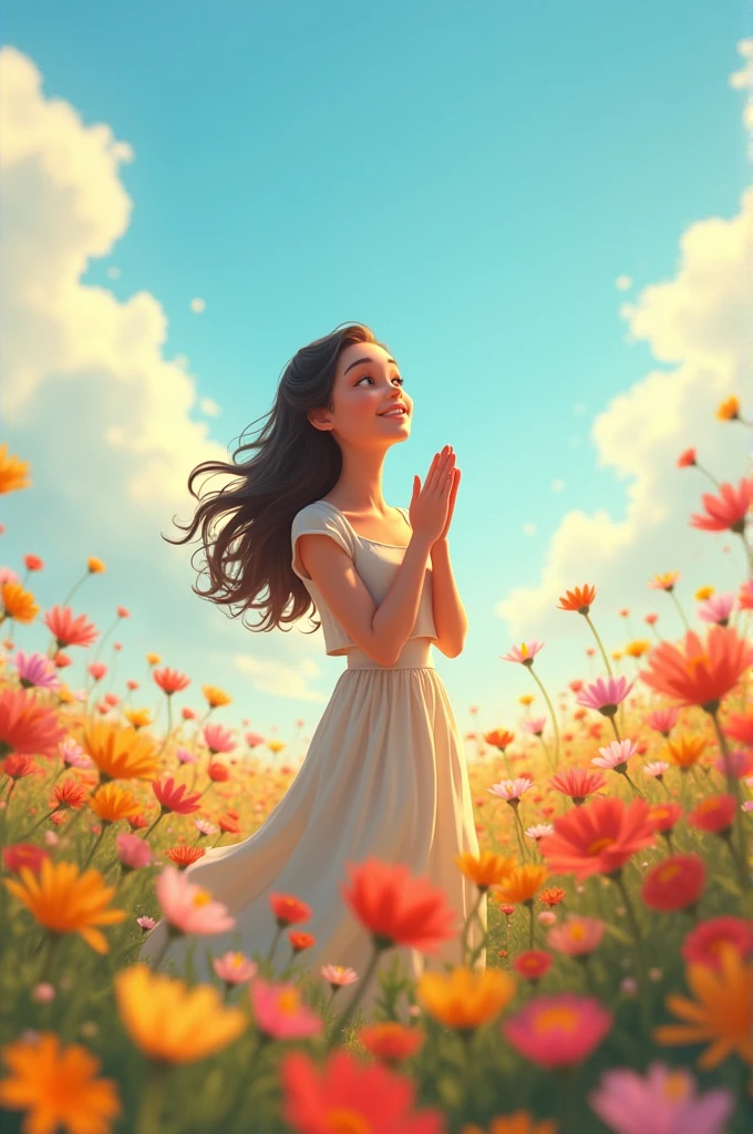 A woman thanking God in a field of flowers in Pixar